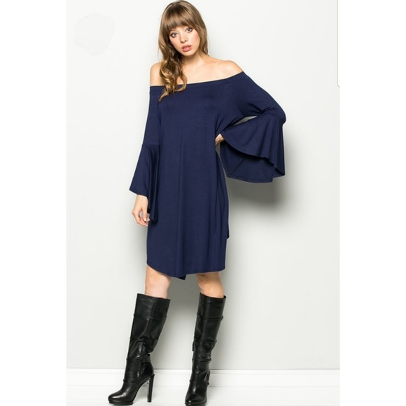 Glam Girl Fashion Dresses & Skirts - NWT Off The Shoulder Boho Bell Sleeve Dress - Navy